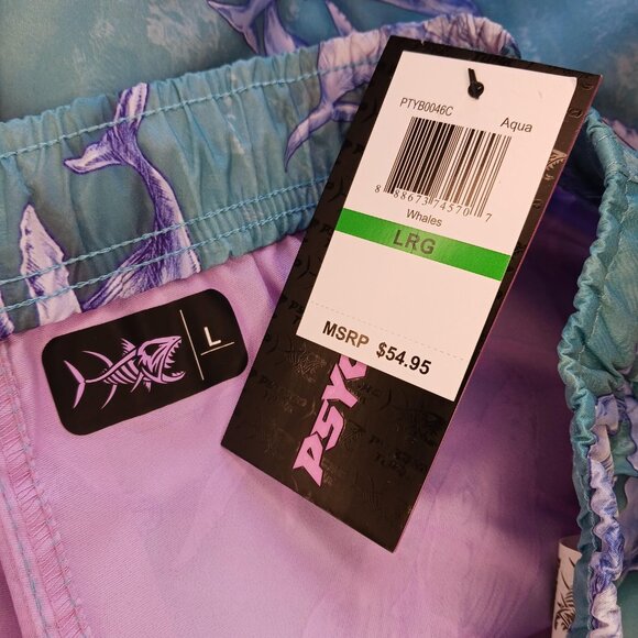 Psycho Tuna Humpback Whales Mens Large Swim Shorts Aqua Drawstring Pockets - Picture 2 of 8